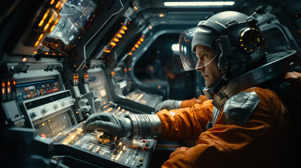 Astronaut pilot in command in the cockpit of a spaceship with orange spacesuit and helmet with visor, piloting via control panel, buttons and screens. Horizontal scifi poster