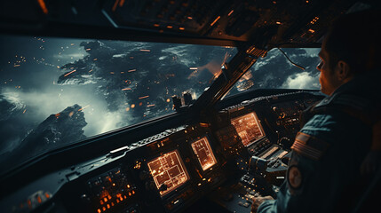 viewpoint of a commanding pilot astronaut in the cockpit of a spaceship, looking out of the glass at outer space, piloting the shuttle from the control panel to avoid crashing. Horizontal scifi poster