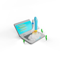 3D laptop  and rocket launch model