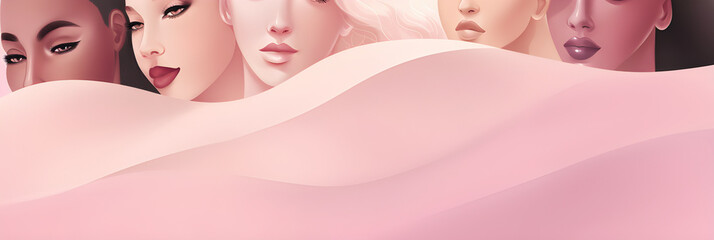 Obraz na płótnie Canvas Women's day celebration banner, multiple race women faces graphic illustration, horizontal copy space on pastel pink background