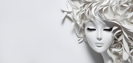 Paper art pretty women face on white background, free space, super sharp. AI generated