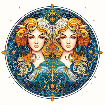 Vibrant Gemini zodiac sign - iconic twins encapsulated in a minimalist circle, embellished with saturated pixel-style patterns on a pure white background. Generative AI