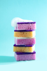 Colored sponges for washing dishes.