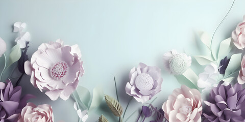 Spring, Easter elegant floral concept. Pastel lilac, mint and white spring flowers on blue background. AI generated