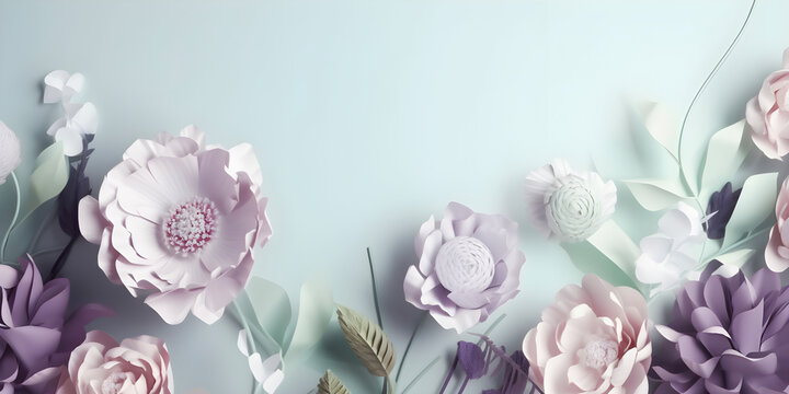 Spring, Easter elegant floral concept. Pastel lilac, mint and white spring flowers on blue background. AI generated