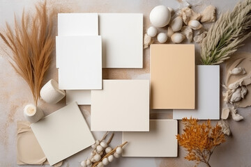 Flat Lay Composition: Mock-Up Visit Cards, Wood, Natural Materials, Accessories. Neutral Colors, Top View. Template