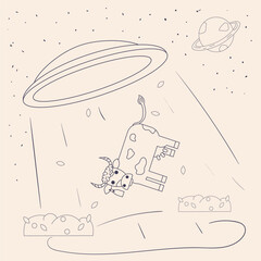 UFO kidnaps an animal cow for experiments and study contour flat drawing in corporate Memphis style