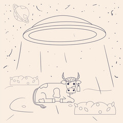 UFO kidnaps a lying cow for conducting experiments and studying a contour flat drawing in the corporate Memphis style