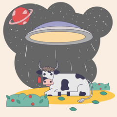 UFO kidnaps a lying cow for conducting experiments and studying a colored flat drawing in the corporate Memphis style