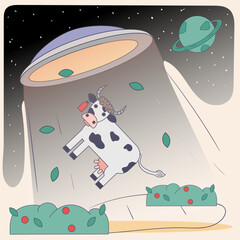 A ufo kidnaps an animal cow for experiments and study, a color flat drawing in the corporate Memphis style