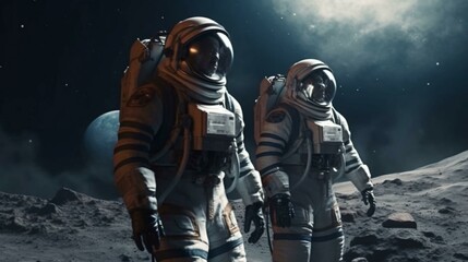 Astronaut in a spacesuit on an asteroid or planet moon in outer space. AI generated