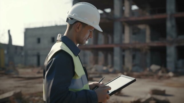 An engineer at a construction site in a white helmet with a tablet in his hands checks the work of the staff on the background of the construction site. The concept of modern. AI generated