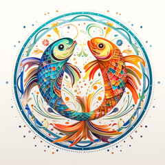 Soulful minimalist Pisces zodiac symbol, two fish patterned in a vibrant pixel style and centered within a sleek circle on a pristine white background. Generative AI