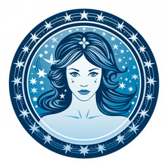 Stunning minimalist interpretation of Virgo astrological sign, boasting a sparkling star and radiant blue hues, elegantly isolated on white background. Generative AI