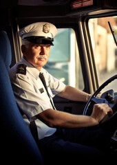 Older Caucasian man in uniform shirt, sitting behind steering wheel of bus or truck. Large vehicle driver concept. Generative AI