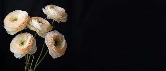 bouquet of light pink and white ranunculus flowers on black background.