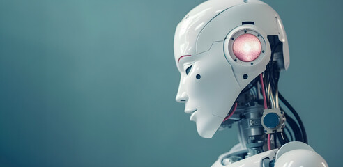 Naklejka premium Female Robot portrait, technology concept, free copy space on ggeen background. AI generated