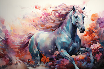 A whimsical watercolor magical unicorn floral, leaping over a cascading waterfall in a lush rainforest, surrounded by exotic plants and vibrant wildlife, Generative Ai