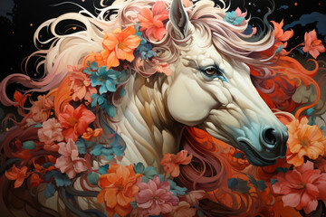 A whimsical watercolor magical unicorn floral, leaping over a cascading waterfall in a lush rainforest, surrounded by exotic plants and vibrant wildlife, Generative Ai