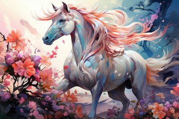 Obraz na płótnie Canvas A whimsical watercolor magical unicorn floral, leaping over a cascading waterfall in a lush rainforest, surrounded by exotic plants and vibrant wildlife, Generative Ai