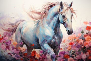 Obraz na płótnie Canvas A whimsical watercolor magical unicorn floral, leaping over a cascading waterfall in a lush rainforest, surrounded by exotic plants and vibrant wildlife, Generative Ai
