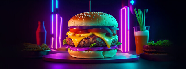 Delicious double beef burger and cheddar cheese on a colorful neon background for the design of a banner, advertising, cover and invitation. Neon hamburger Generative AI