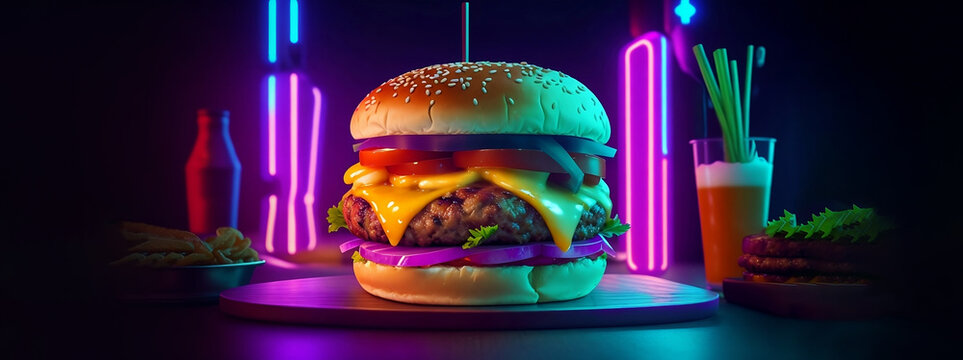 Delicious double beef burger and cheddar cheese on a colorful neon background for the design of a banner, advertising, cover and invitation. Neon hamburger Generative AI