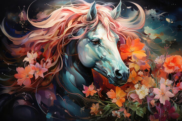 Naklejka na ściany i meble A whimsical watercolor magical unicorn floral, surrounded by a field of sparkling fireflies, their soft glow reflecting off the unicorn's shimmering body, Generative Ai