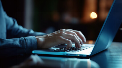 business man working about finance report on digital laptop computer on desk in office at night, business technology, investment, digital online marketing and financial business concept, Generative AI
