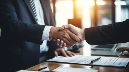 Partnership. two business people shaking hand after business job interview in meeting room office, negotiation, investor, success, partnership, teamwork, financial, connection concept, Generative AI