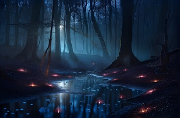 Obraz premium Magical forest at night time. AI generated