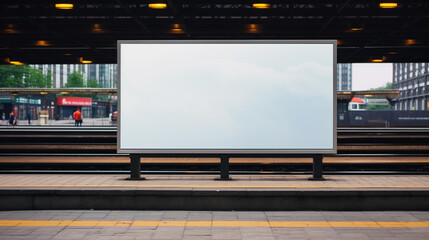 big mock up of blank showcase billboard or advertising light box for your text message or media content at train station in the city, commercial, marketing and advertising concept, Generative AI