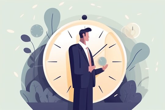 Man or businessman holding clock or watch on hands, time management and business concept