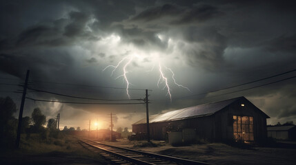 Fototapeta na wymiar Severe thunderstorm over the railroad. Generative Ai. 