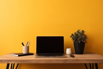 Obraz premium desktop with flower, notebook and office supplies on a colored background.Generative AI