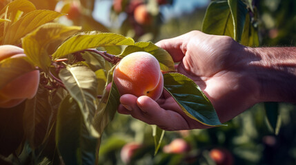 man picking a peach from a tree. Generative Ai. 