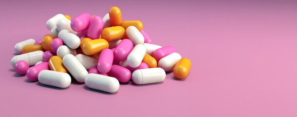 Obraz na płótnie Canvas close-up of drugs, capsules on a pink background. Generative Ai. 