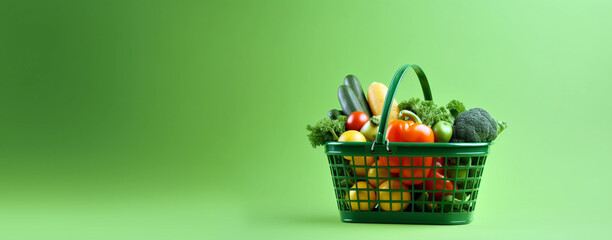 basket with fresh vegetables on green background. Generative Ai. 