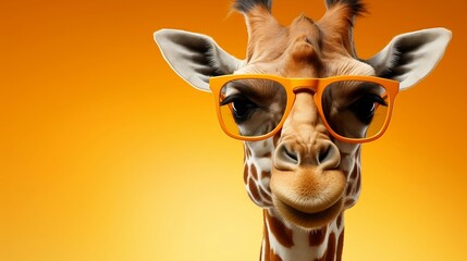 Bright cartoon giraffe in orange sunglasses close up isolated on yellow gradient background with copy space, horizontal children's party promo banner