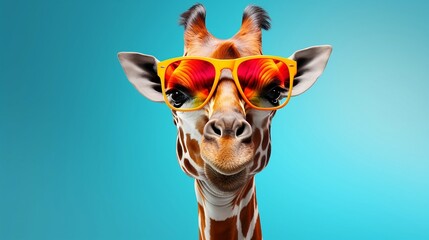 Funny bright cartoon giraffe in orange sunglasses close up isolated on blue gradient background with copy space, horizontal children's party promo banner