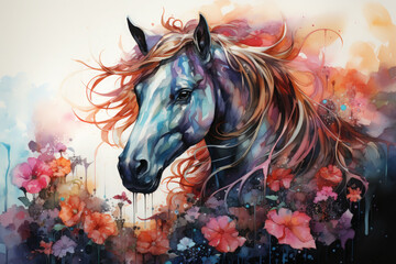 Fototapeta na wymiar A whimsical watercolor magical unicorn floral, nestled in a lush meadow of tall grass and wildflowers, its body adorned with intricate floral patterns that resemble a garden, Generative Ai