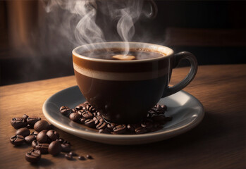 Cup of coffee with coffee beans on a wooden table, a steaming hot cup of coffee, generative AI