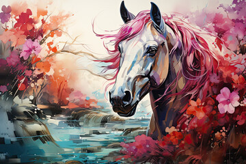 Fototapeta na wymiar A mystical watercolor magical unicorn floral amidst a lush forest, where the unicorn's presence sparks the growth of extraordinary flowers, their petals adorned with intricate patterns, Generative Ai
