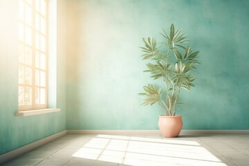 minimalistic background with a flower in a pot against a green wall and light from the window. Generative AI