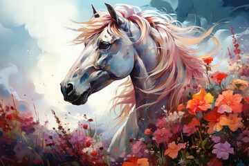 Obraz na płótnie Canvas A captivating watercolor magical unicorn floral with the unicorn gracefully trotting through a field of blooming flowers, their vibrant colors and delicate forms creating a sense, Generative Ai