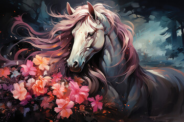 Fototapeta na wymiar A captivating watercolor magical unicorn floral with the unicorn gracefully trotting through a field of blooming flowers, their vibrant colors and delicate forms creating a sense, Generative Ai