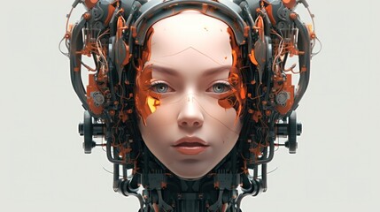 Female android face on a light background. The concept of artificial intelligence. Futuristic robot head with technological neural system .generative AI. 