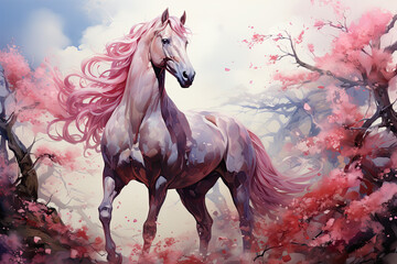 Obraz na płótnie Canvas A captivating watercolor magical unicorn floral with the unicorn gracefully trotting through a field of blooming flowers, their vibrant colors and delicate forms creating a sense, Generative Ai