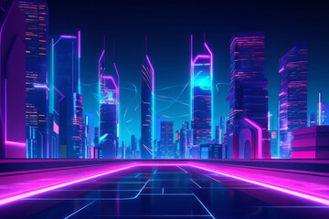 Bright neon colours futuristic city with skyscrapers and wide highway. Contemporary techno cityscape in night lights and shine glowing