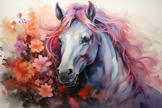 A captivating watercolor magical unicorn floral with the unicorn gracefully trotting through a field of blooming flowers, their vibrant colors and delicate forms creating a sense, Generative Ai
